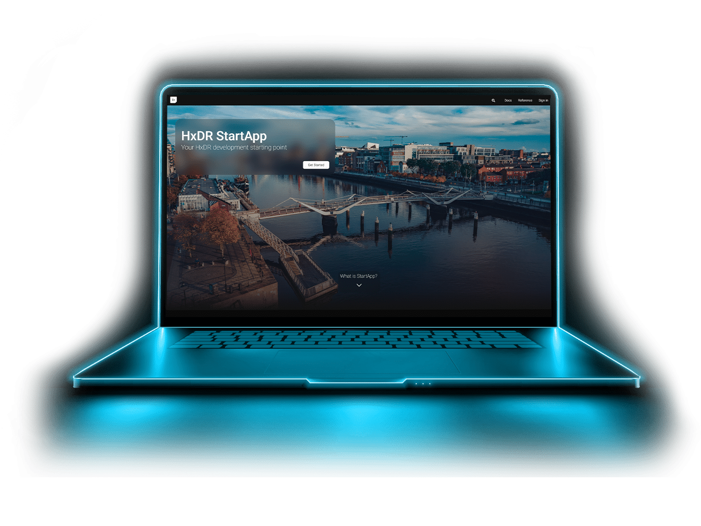 HxDR start app blue glow laptop render