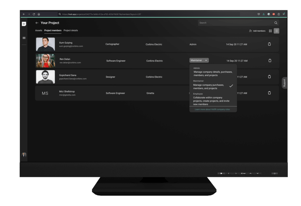 HxDR software on monitor demonstrating maintainer function in projects